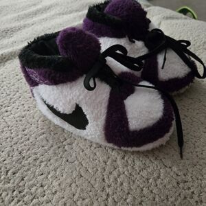 Purple and White Fuzzy Slippers with Black Logo